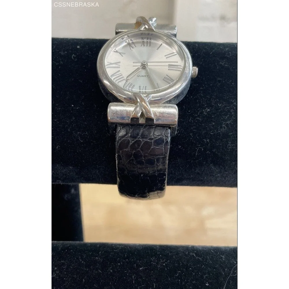 Chico's‎ Women's Silver Tone Roman Numeral Cuff Bangle Watch Black Leather Band